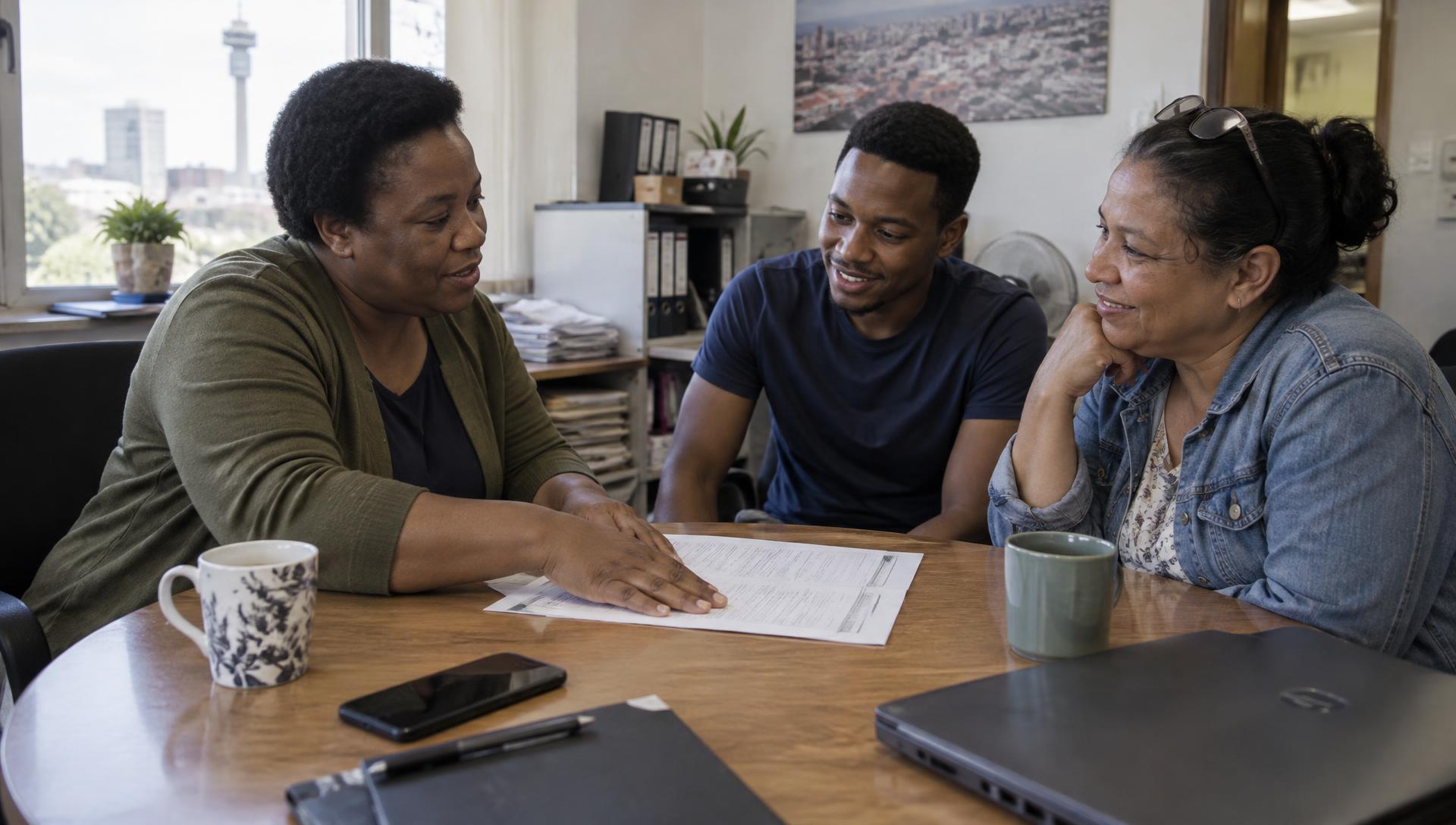 An advisor talking two clients through a document