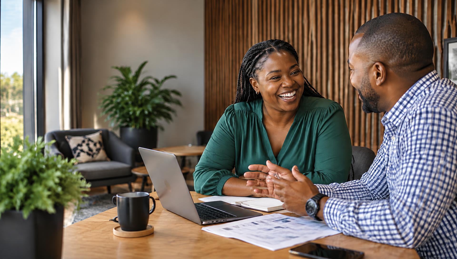 A client laughing with an advisor across a table